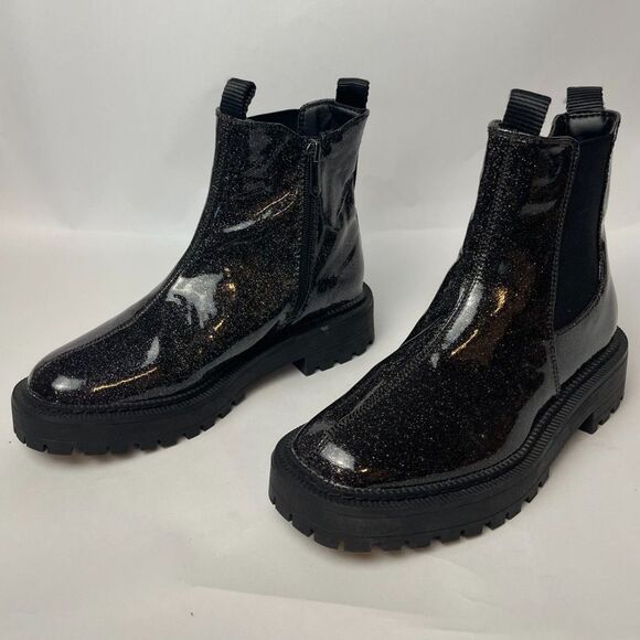 NWOB Sam Edelman Girls Black Glitter Chelsea Boots - Chunky Lug Sole, Size 3 - Picture 1 of 7